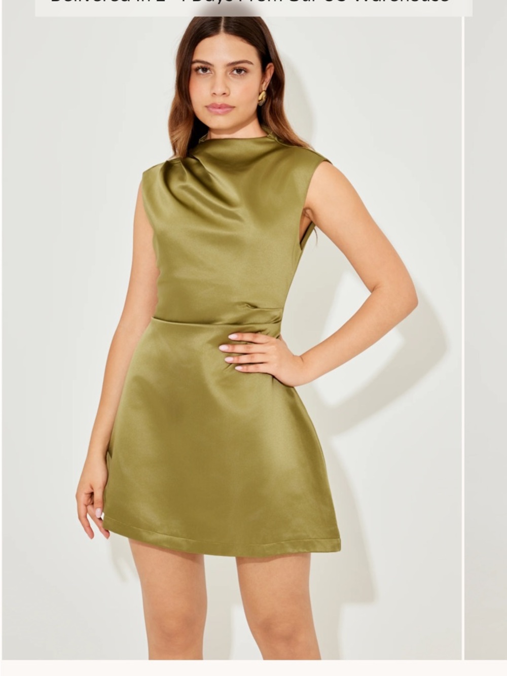 Satin Olive High-Neck Mini Dress
